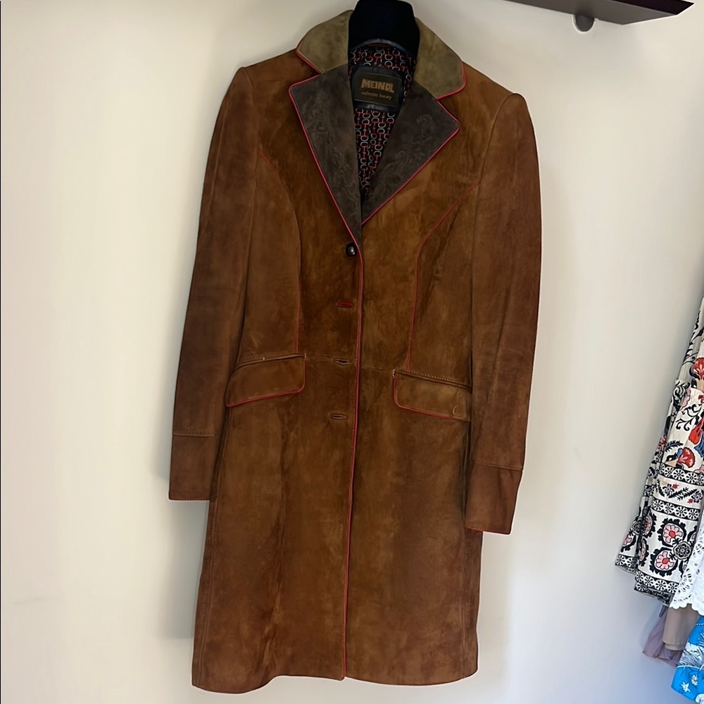 Meindel Vintage bought at Gorsuch Brown Suede Coat with Red Trim